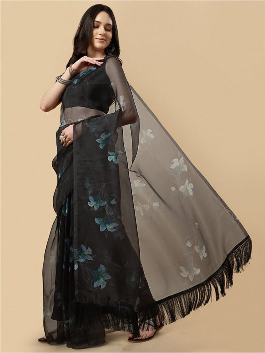Black Floral Organza Saree