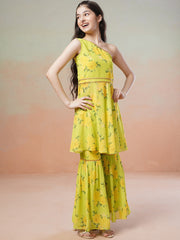 Girls yellow Floral Printed Gotta Patti Kurta with Sharara