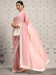 Pink and white Floral Embroidered Saree