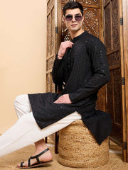 Black Checked Embroidered Mandarin Collar Straight Kurta