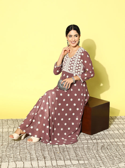 Mauve Floral Embroidered Thread Work Georgette Anarkali Kurta with Inner