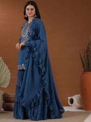 Blue Floral Yoke Design Regular Straight Kurta with Sharara & Dupatta