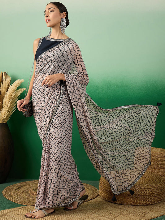 Pink and Black Ethnic Printed & Embroidered Border Saree With Blouse Piece