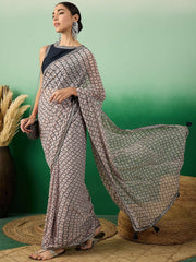 Pink and Black Ethnic Printed & Embroidered Border Saree With Blouse Piece
