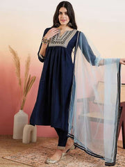 Navy Blue Yoke Design Pleated A-Line Flared Kurta With Trousers & Dupatta