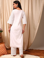 Women White Ethnic Motifs Embroidered Flared Sleeves Chikankari White Romance Kurta