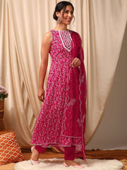 Pink Women Floral Printed Layered Thread Work Kurta with Trousers & With Dupatta