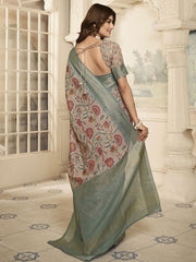 Beige And Grey Ethnic Motifs Sequinned Saree