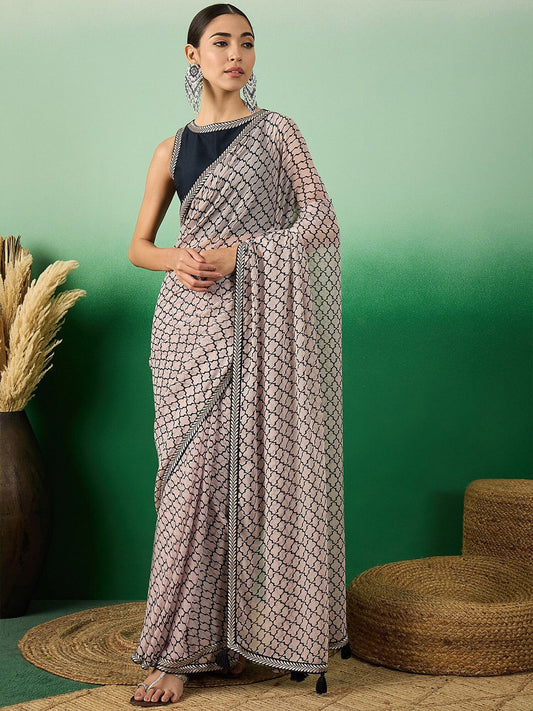 Pink and Black Ethnic Printed & Embroidered Border Saree With Blouse Piece