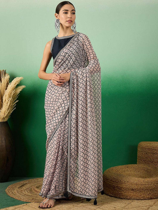 Pink and Black Ethnic Printed & Embroidered Border Saree With Blouse Piece