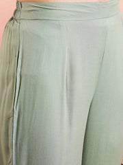 Green V-Neck Floral Embroidered Chikankari Pure Cotton Anarkali Kurta with Palazzos