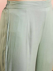 Green V-Neck Floral Embroidered Chikankari Pure Cotton Anarkali Kurta with Palazzos