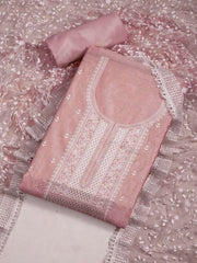 Peach-Coloured Floral Embroidered Sequinned Unstitched Dress Material