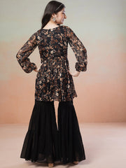 Girls Black Floral Printed Round Neck Empire Satin Kurta with Sharara