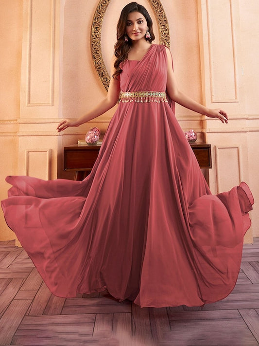 Peach Sleeveless Maxi Ethnic Dress With Embellished Belt