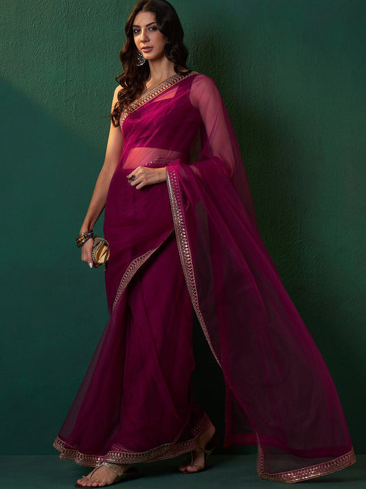 Pink Embroidered Border Saree
