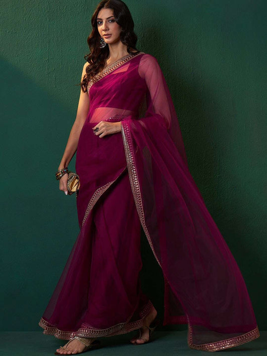 Pink Embroidered Border Saree