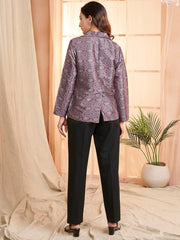 Mauve Floral Printed Lapel Collar Formal Tailored Jacket