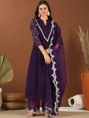 Women Purple Floral Embroidered Pleated Thread Work Kurta with Palazzos & With Dupatta