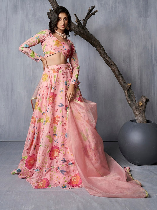Floral Printed Semi-Stitched Lehenga & Unstitched Blouse With Dupatta