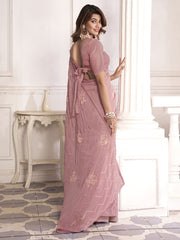 Pink And Gold-Toned Floral Embellished Sequinned Heavy Work Saree