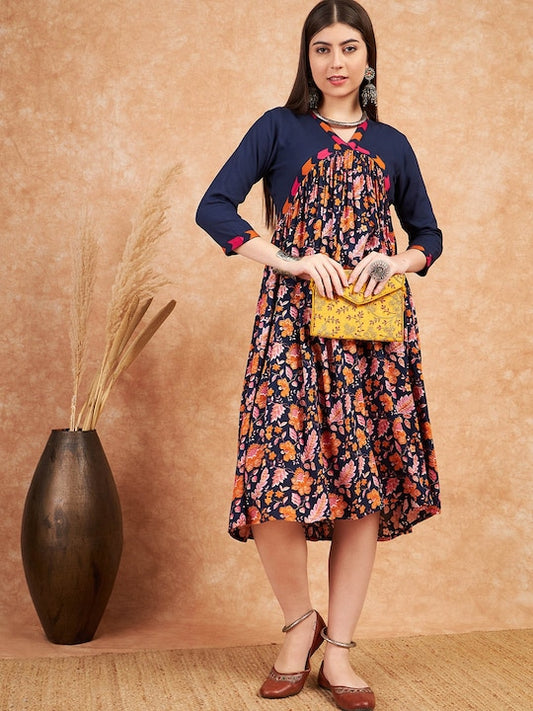Floral Printed Flared Midi-Length Ethnic Dress