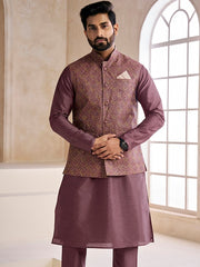 Mauve embroidered woven nehru jacket