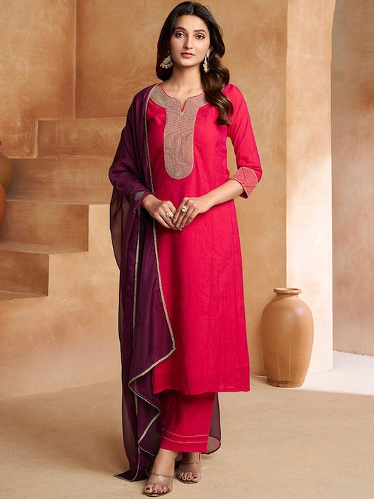 Magenta Yoke Design Regular Kurta with Trousers & Dupatta