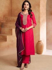 Magenta Yoke Design Regular Kurta with Trousers & Dupatta