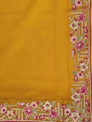 Mustard And Pink Embroidered Net Saree