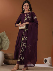 Mauve Floral Thread Embroidered Straight Kurta With Trouser & Dupatta