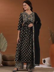 Black Floral Printed Thread Work A-Line Kurta With Palazzos & Dupatta