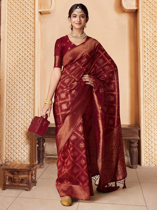 Maroon Woven Design Zari Saree With Blouse