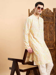 Yellow Geometric Embroidered Mandarin Collar Straight Kurta