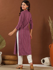 Pink Ethnic Woven Design Mandarin Collar Cotton A-Line Kurta