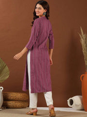 Pink Ethnic Woven Design Mandarin Collar Cotton A-Line Kurta