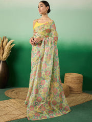 Yellow Floral Printed Saree With Blouse