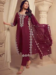 Amyra Dastur Burgundy Floral Regular Thread Work Pure Silk Straight Kurta with Trousers & Dupatta