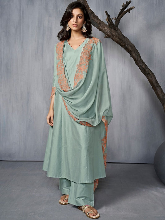 V-Neck Thread Work A-Line Pure Silk Kurta with Trousers & Dupatta