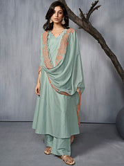 V-Neck Thread Work A-Line Pure Silk Kurta with Trousers & Dupatta
