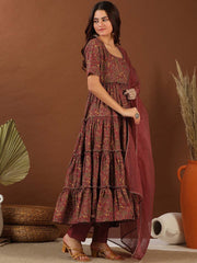 Maroon Floral Printed Tiered Kurta With Trousers & Dupatta