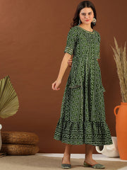 Green Bandhini Printed Cotton Tie Up Lace Fit & Flare Midi Ethnic Dress