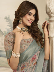 Beige And Grey Ethnic Motifs Sequinned Saree