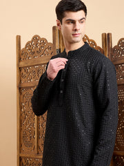 Black Checked Embroidered Mandarin Collar Straight Kurta