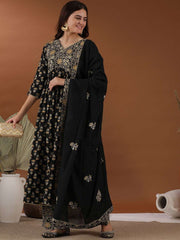 Black Floral Printed Thread Work A-Line Kurta With Palazzos & Dupatta