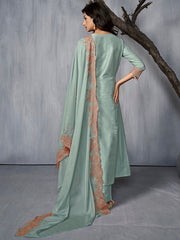 V-Neck Thread Work A-Line Pure Silk Kurta with Trousers & Dupatta