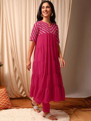 Pink Women Ethnic Motifs Embroidered Tiered Thread Work Kurta with Trousers