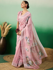 Pink Floral Printed Saree With Blouse Piece