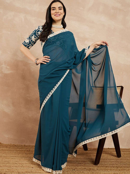 Teal Floral Embroidered Saree