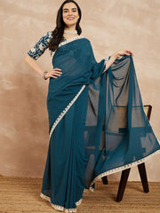 Teal Floral Embroidered Saree